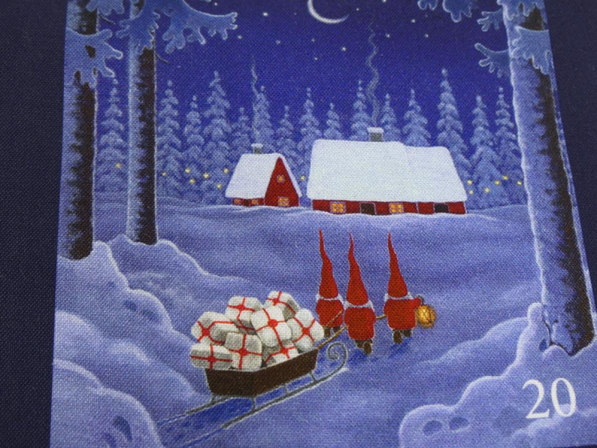 Patchworkstoff Tomtens Village Panel Adventskalender Detailansicht 3 Wichtel